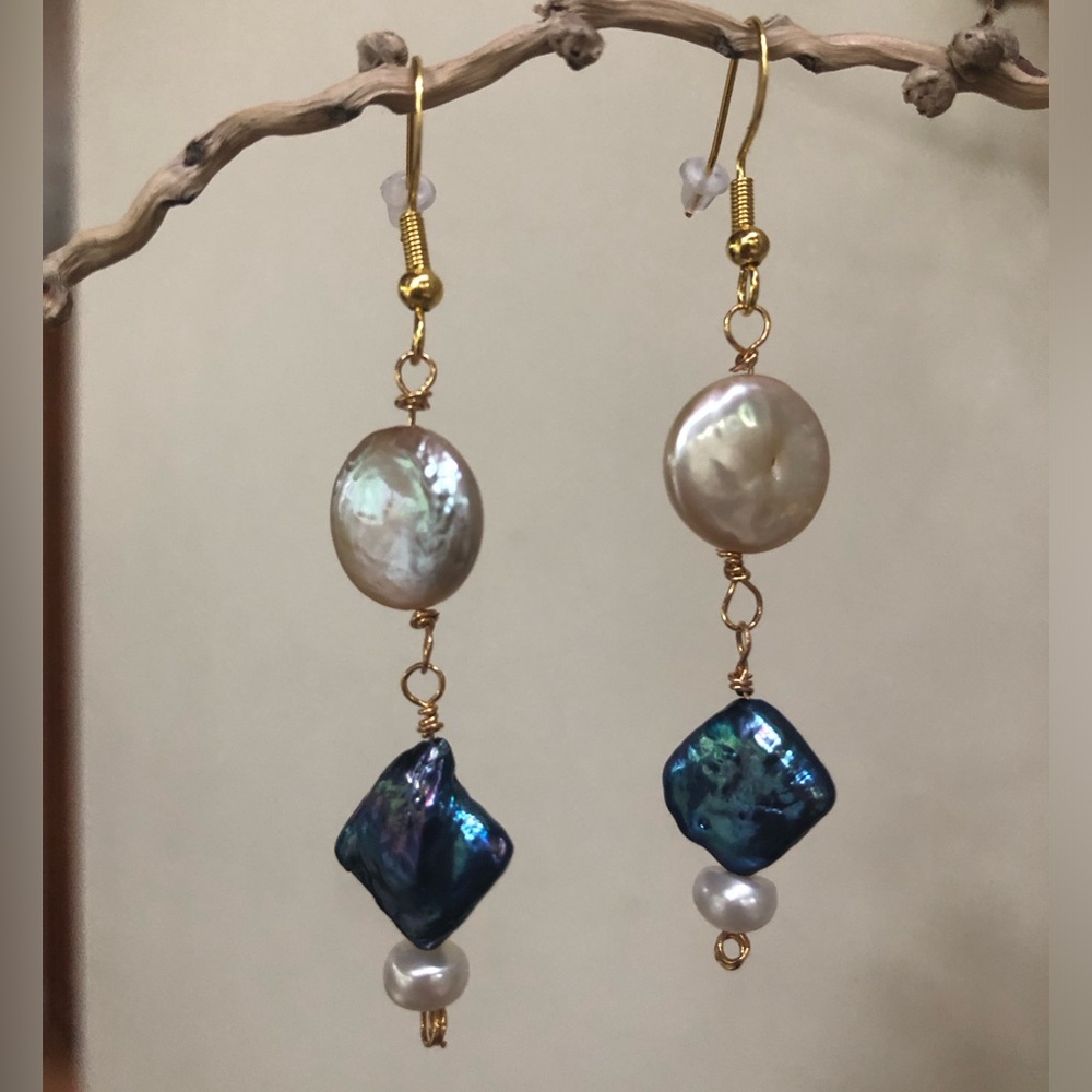 Handcrafted Champagne Coin Pearl & Peacock Blue Square Pearl Drop Earrings